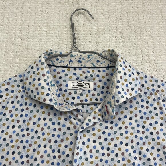 7 Downie St Mens Sz L Short Sleeve Button Up Shirt Multicolor Polka Dots AOP - Picture 2 of 14